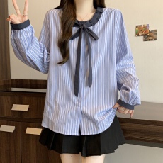 批发实拍独特漂亮条纹正肩衬衫女款2025秋<b class='q'>冬</b>新款爆款大码遮肚衬衣上衣