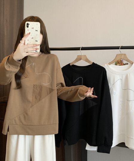 실사 빅 사이즈 여성 의류 통통한 여동생 보존 섹션 패션 밑단 불규칙 루즈핏 표지 배 긴팔 후드티 여성