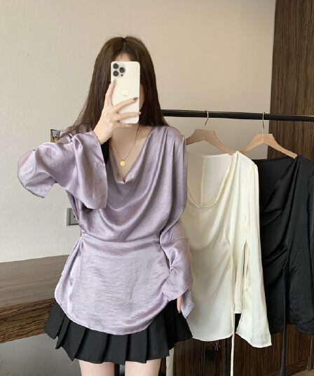 실사 빅 사이즈 슈퍼 화재 셔츠 Chic 디자인 센스 레이스업 허리 수축 셔츠 여성 흔들다 칼라 아름다운 품격 긴팔 맨위