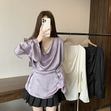 批发实拍<b class='q'>大码</b><b class='q'>超</b>火衬衫别致设计感系带收腰衬衣女荡领漂亮气质长袖上衣