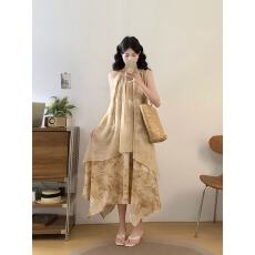 批发新中式国风晕染碎花无袖挂脖<b class='q'>连衣裙</b>女夏26新款不规则背裙爆款