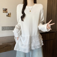 批发实拍韩系拼接荷叶边白色圆领长袖T恤女2026春新品甜美叠穿<b class='q'>打底衫</b>