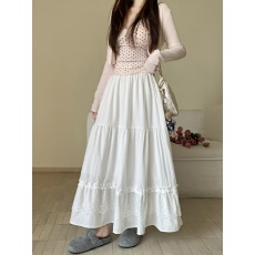 批发实拍白色蕾丝蛋糕裙女春夏2026新高腰垂感a字伞裙拼接长款半身裙