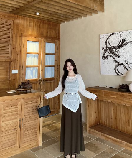 실사 새로운 부드러운 바람 세트 여성 디자인 센스 불규칙 레이스업 허리 수축 슬림해 보이는 맨위 슬립 드레스 투피스 세트
