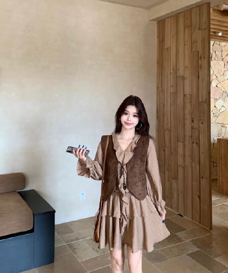 실사 한국 스타일 레트로 베스트 점프 슈트 치마 세트 여성 2026 가을 새로운 프릴 A라인 스커트 투피스 세트