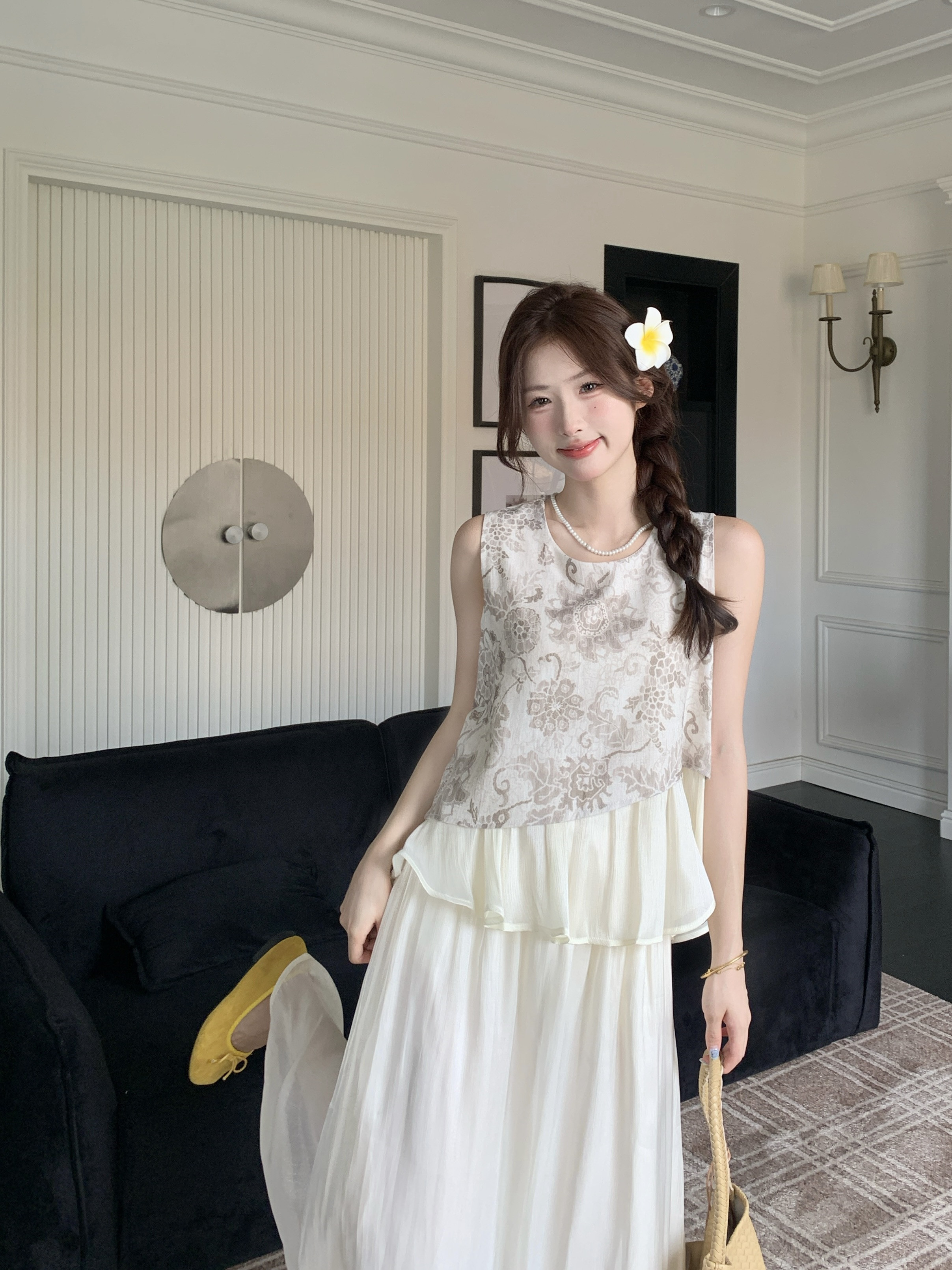 실사 정가 디자인 센스 불규칙 배색 레트로 작은 셔츠 여성 루즈핏 슬림해 보이는 민소매 조끼 맨위 세트