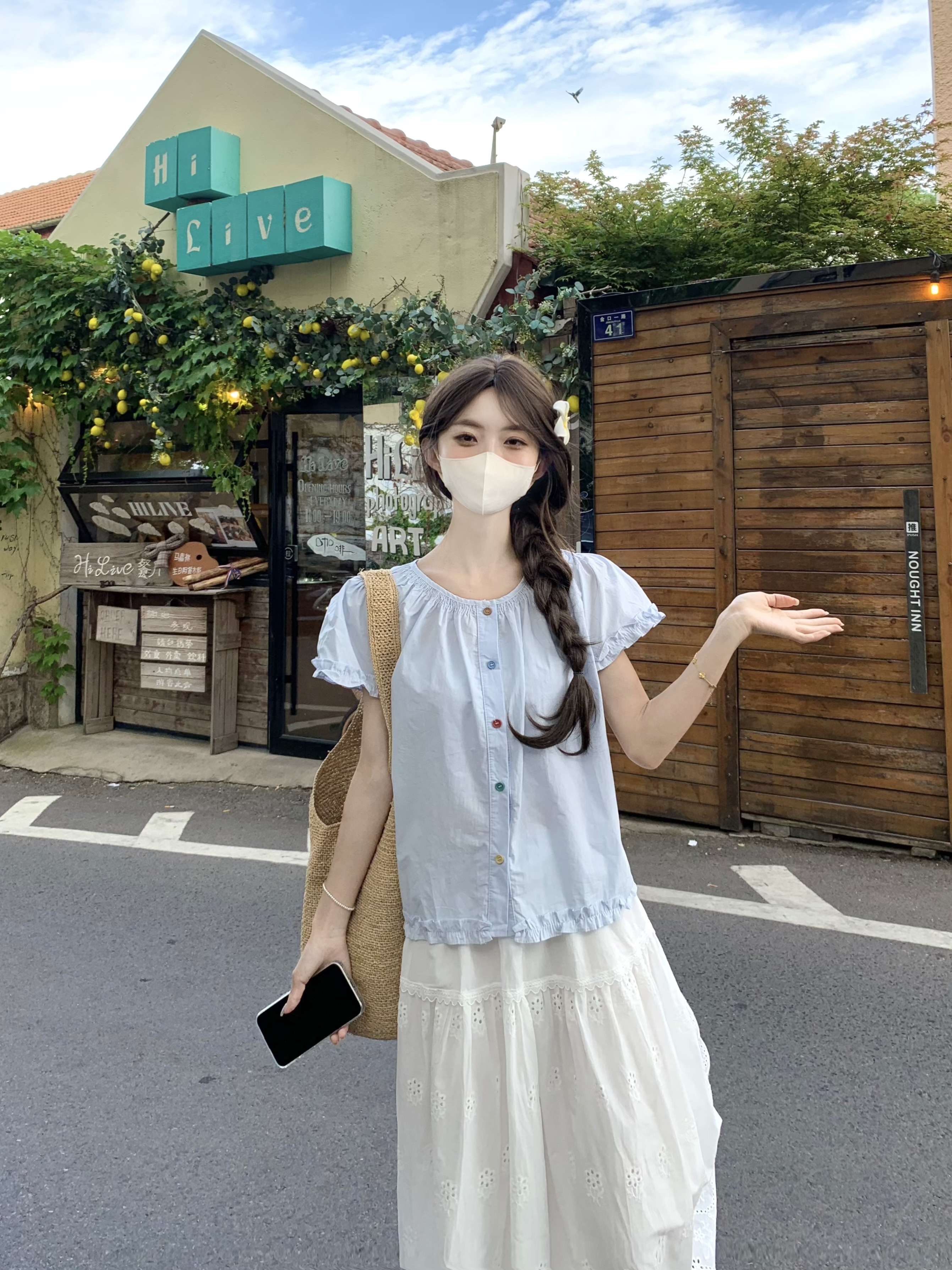 실사 정가 여름 새로운 한국 스타일 라운드 넥 색상 버클 프릴 연령 감소 루즈핏 다용도 반팔 여성 셔츠