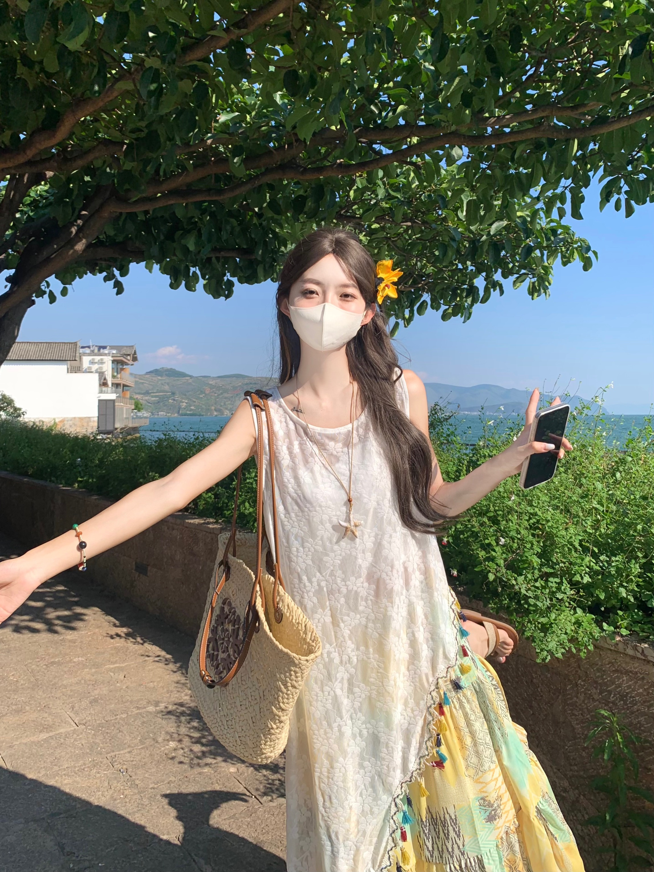 실사 정가 불규칙 술 측면 홀로우 아웃 자수 레이스 조끼 스커트 여성 여름 루즈핏 빅 플레어 스커트 투피스 세트