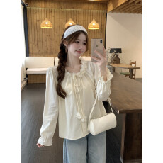 批发实拍实价~法式甜美立体花朵衬衫女<b class='q'>秋</b>季洋气减龄宽松绑带长袖上衣