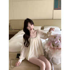 批发实拍实价~2026春季重工亮片抽褶露背<b class='q'>雪纺</b>衬衫系带纯欲上衣