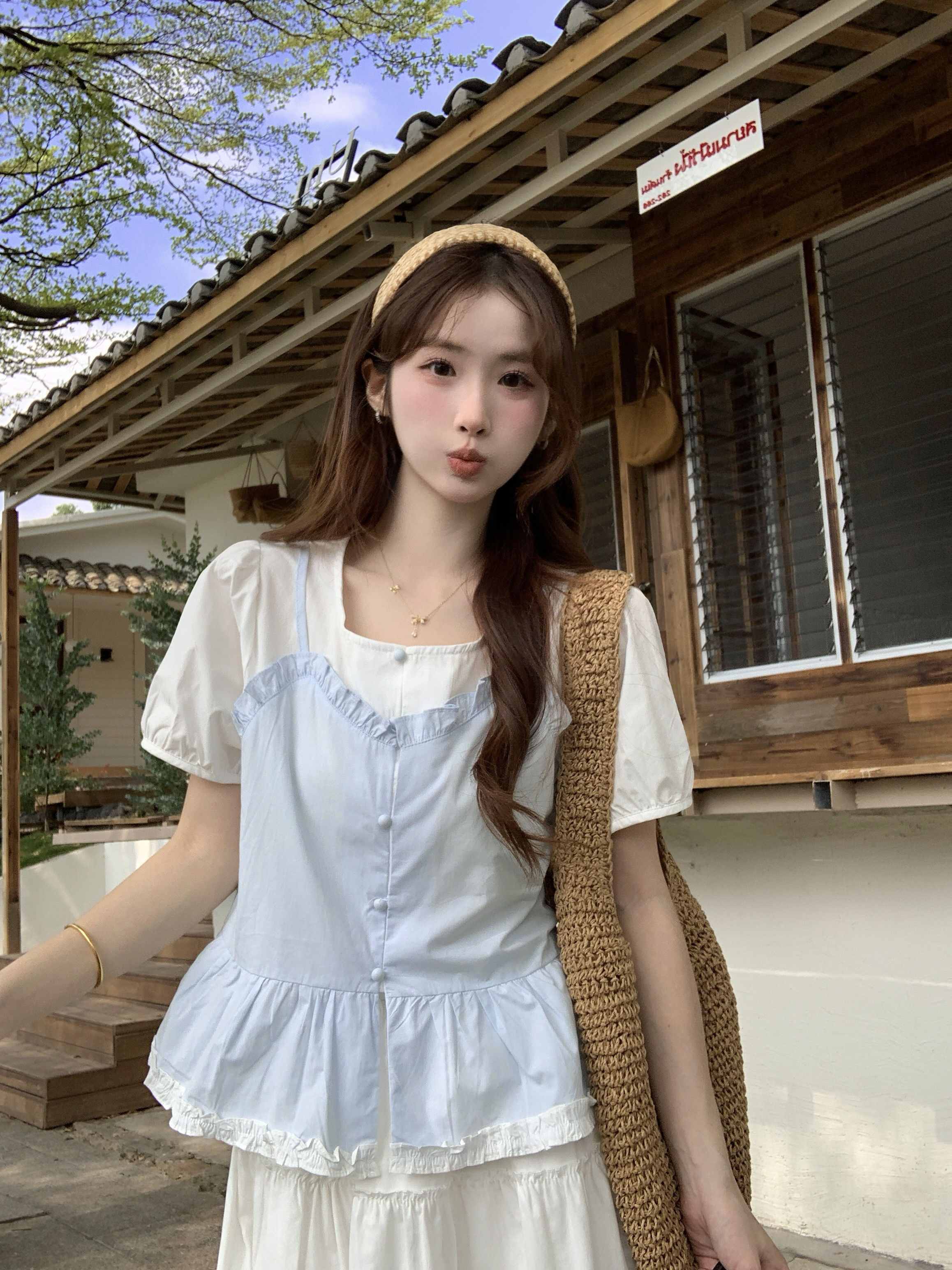 실사 정가 한 부서 디자인 센스 페이크 레이어드 여성 셔츠 여름 외국 가스 연령 감소 슈퍼 잘 생긴 반팔 맨위
