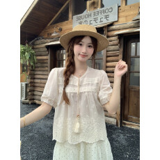 批发实拍实价~韩系<b class='q'>甜美</b>刺绣镂空短袖衬衫女夏小个子宽松洋气减龄小衫