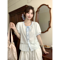 批发实拍实价~2026夏季新款圆领系带拼接宽松百搭韩范短袖衬衫女