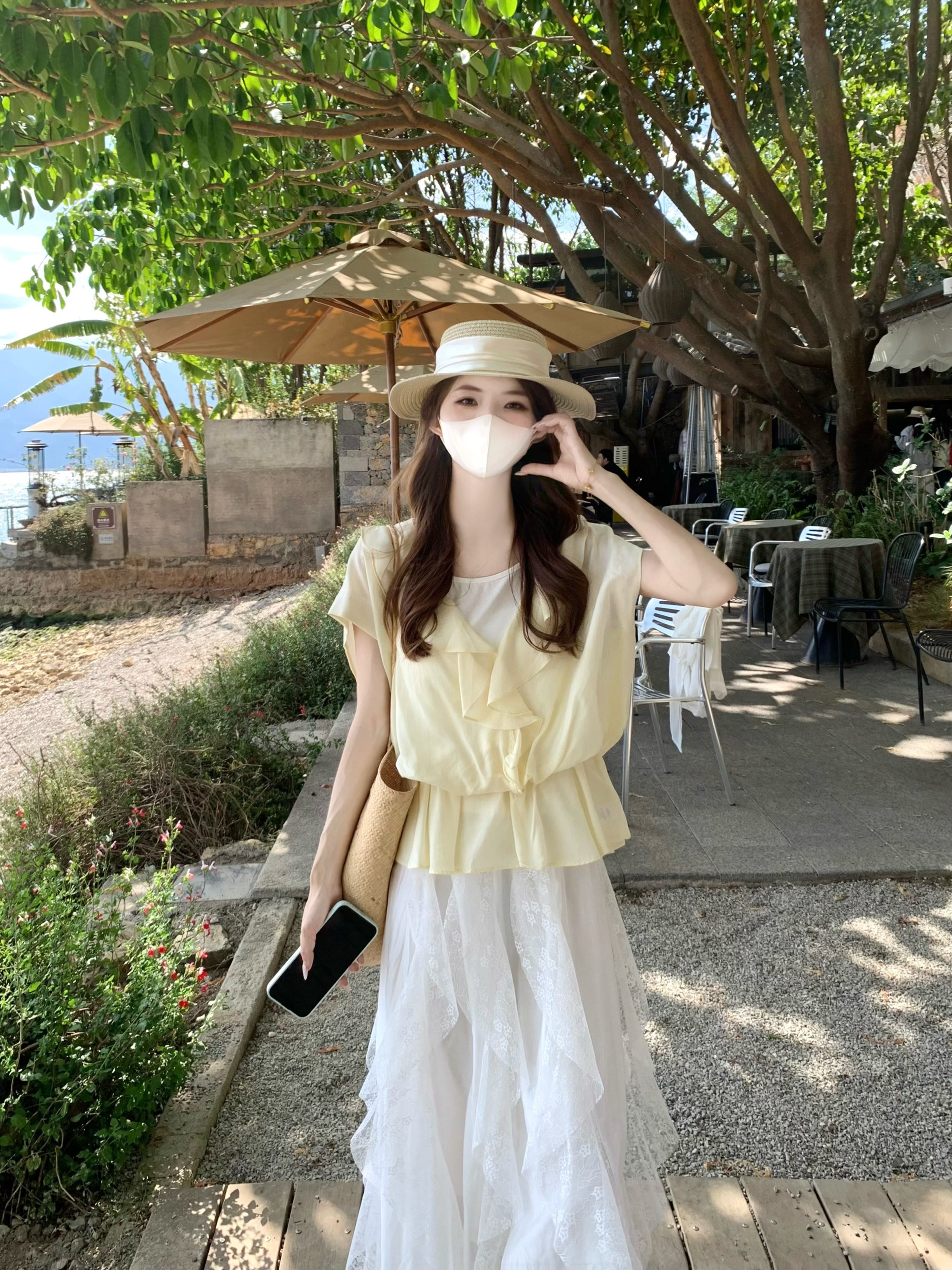 실사 정가 프릴 반팔 여성 셔츠 허리 수축 슬림해 보이는 패치워크 페이크 레이어드 맨위 반신 치마 세트 여성