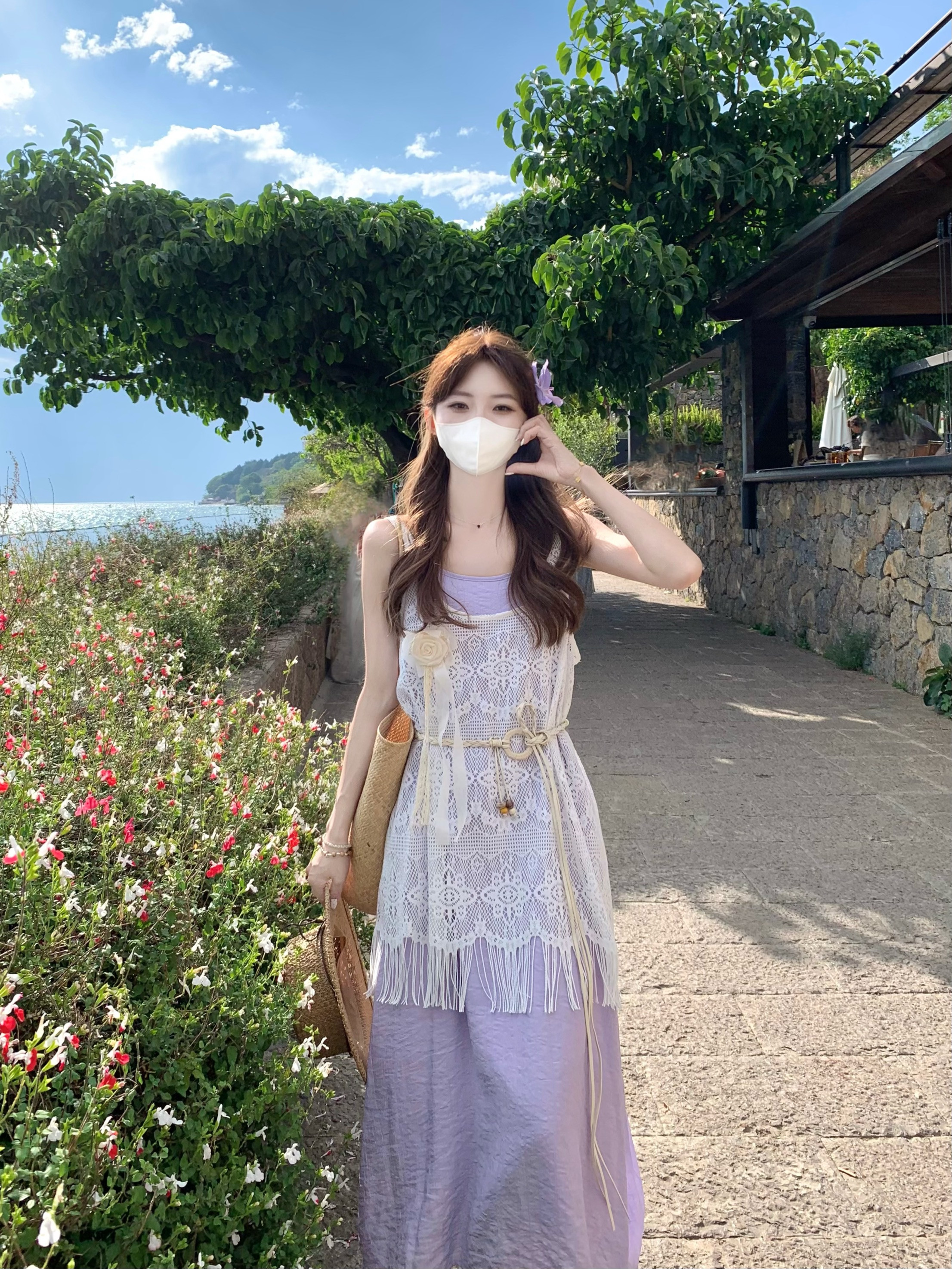 실사 정가 휴가 바람 술 디자인 센스 홀로우 아웃 블라우스 슬립 여성 드레스 여름 새로운 세트