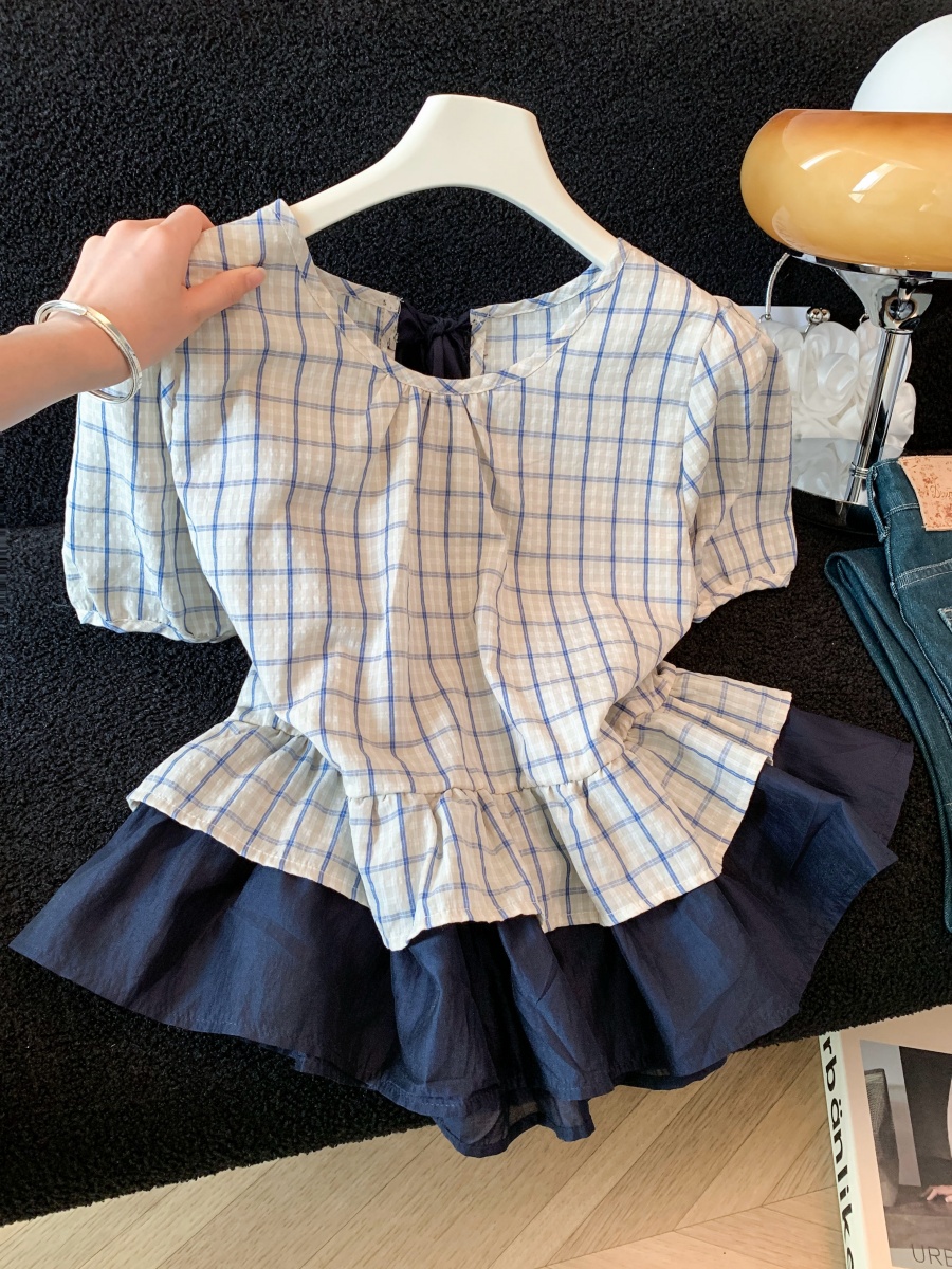 실사 정가 한 부서 달콤함 나비 넥타이 배색 체크무늬 거품 소매 여성 셔츠 여름 연령 감소 맨위