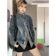 批发韩版复古做旧立领牛仔外套女2025<b class='q'>春</b>秋新款宽松设计感拉链夹克上衣