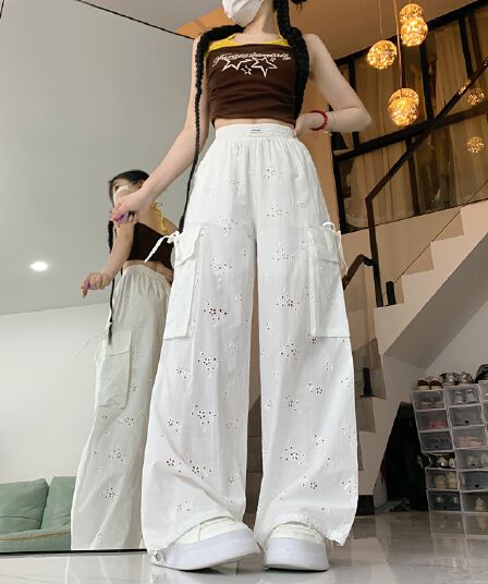 실사 한 부서 부드러운 홀로우 아웃 자수 스트랩 워크웨어 팬츠 여성 여름 허리밴드 스트레이트 조거 둘 착용 캐주얼 바지