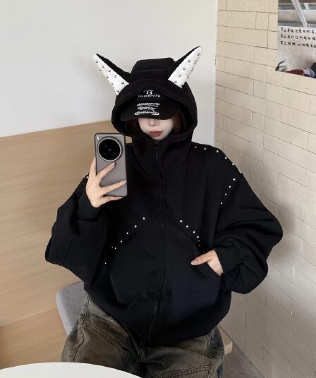 실사 재고 상품 도베르만 징 후드 티 스웨터 여성 코트 가을 캐주얼 루즈핏 레트로 디자인 센스 재킷 맨위
