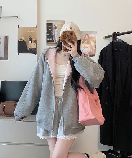 실사 한 부서 빈 가스 층 후드 회색 후드티 여성 가을 느긋한 센스 루즈핏 다용도 디자인 센스 배색 재킷