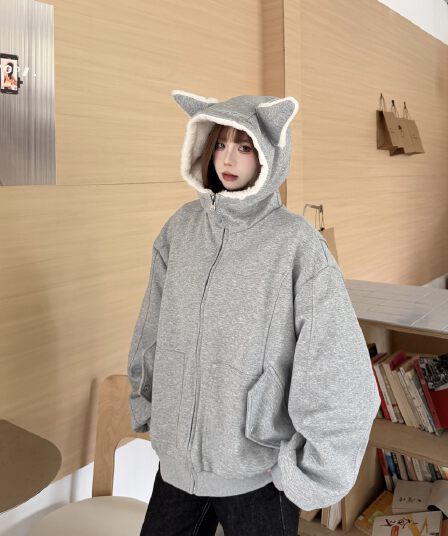 실사 아메리칸 양면 착용 좌 산 조각 도베르만 귀 후드 티 스웨터 재킷 겨울 털이 있는 보온 면 의류 트렌디