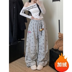 批发实拍童趣狗爪印花满印挂件运动卫裤<b class='q'>女</b>冬季加绒褶皱宽松休闲弯刀裤