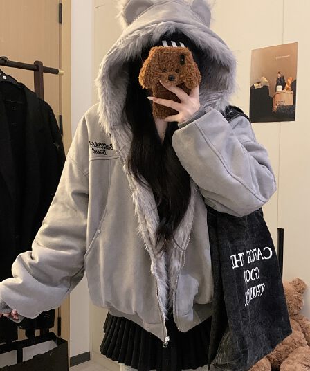 실사 토끼 귀 모피 칼라 좌 산 조각 스웨이드 원단 면 옷 겨울 두꺼운 보온 루즈핏 솜을 넣은 지퍼 재킷 트렌디