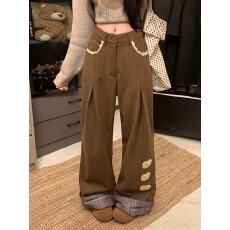 批发实拍<b class='q'>甜美</b>复古棕色小熊刺绣休闲裤女秋冬季加绒翻边拼接宽松阔腿裤
