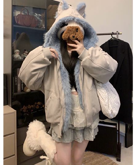 실사 달콤함 고양이 귀 좌 산 조각 모방 스웨이드 모피 칼라 후드 면 옷 겨울 레트로 보온 솜을 넣은 재킷 트렌디