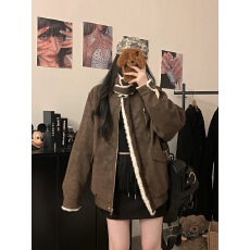 批发<b class='q'>实拍</b>美式复古羊羔翻领pu皮棉服外套冬季加厚保暖宽松甜酷机车夹克