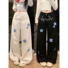 批发实拍刺绣星星褶皱设计感<b class='q'>休闲裤</b>2026春秋翅膀装饰宽松阔腿拖地<b class='q'>长裤</b>