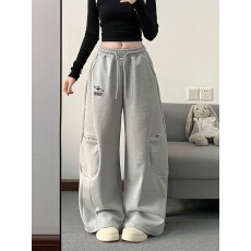批发实拍潮牌运动拉链口袋灰色卫裤百搭宽松阔腿嘻哈跳舞弯刀工装裤子
