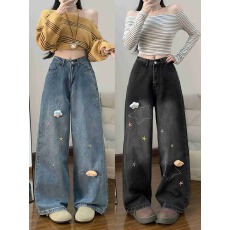 批发实拍美式星星刺绣童趣小熊<b class='q'>牛仔裤</b>女2026新款宽松直筒阔腿裤潮