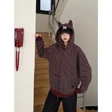 批发实拍美式复古猫耳朵连帽条纹双拉链宽松<b class='q'>卫衣</b>2026春季新款情侣外套