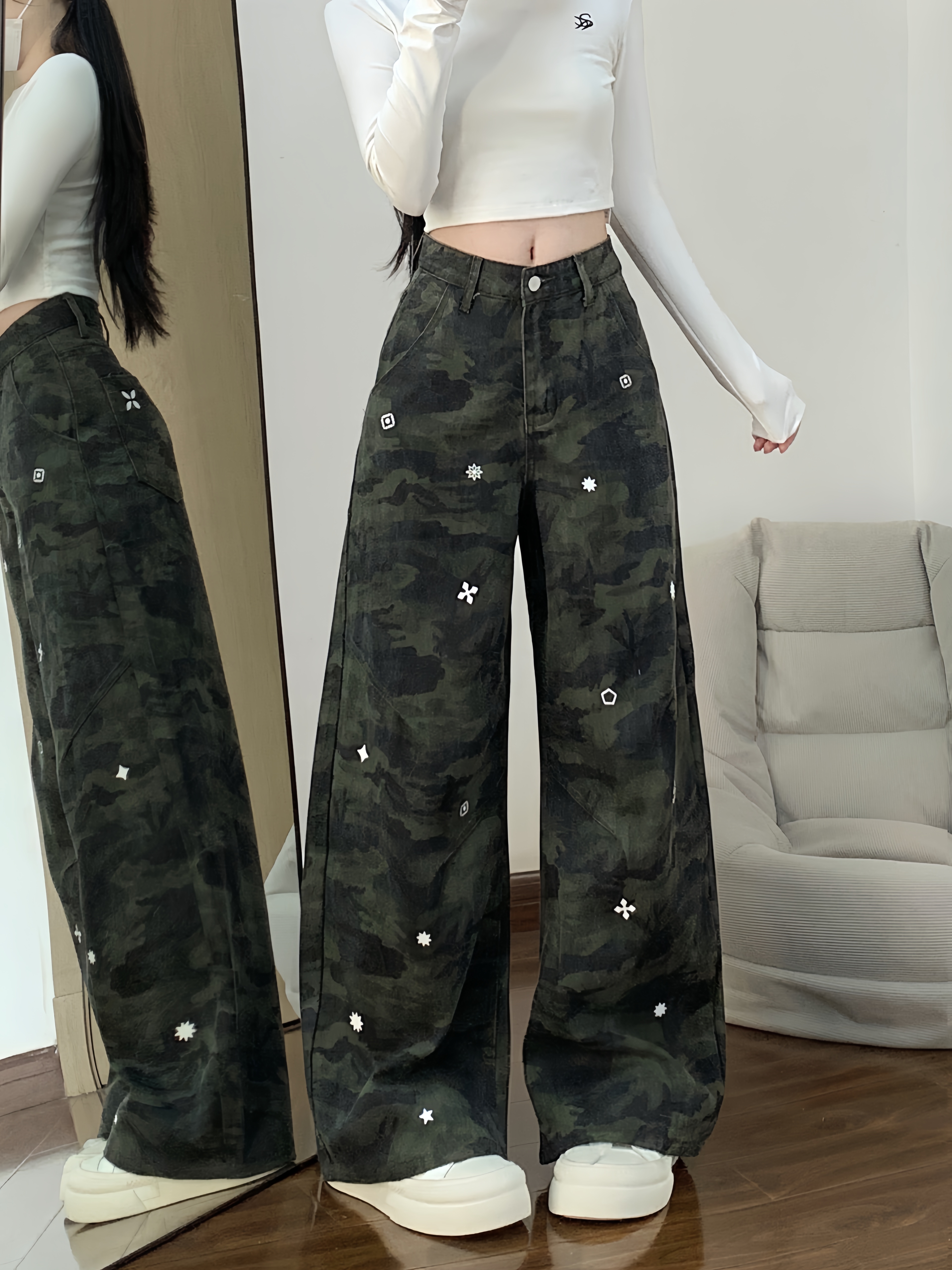 실사 아메리칸 거리 카모플라주 녹색 트렌드 워크웨어 팬츠 봄 드레스 중성 바람 루즈핏 캐주얼 바지 청바지