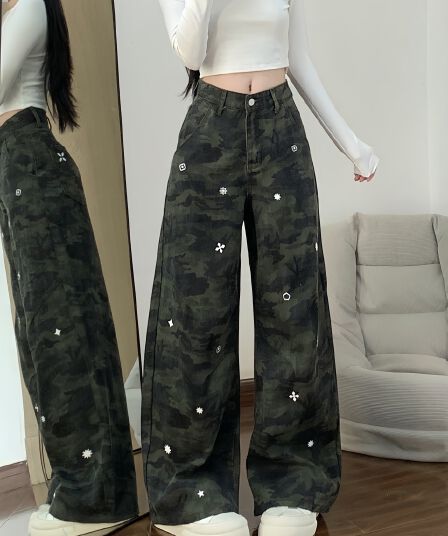 실사 아메리칸 거리 카모플라주 녹색 트렌드 워크웨어 팬츠 봄 드레스 중성 바람 루즈핏 캐주얼 바지 청바지