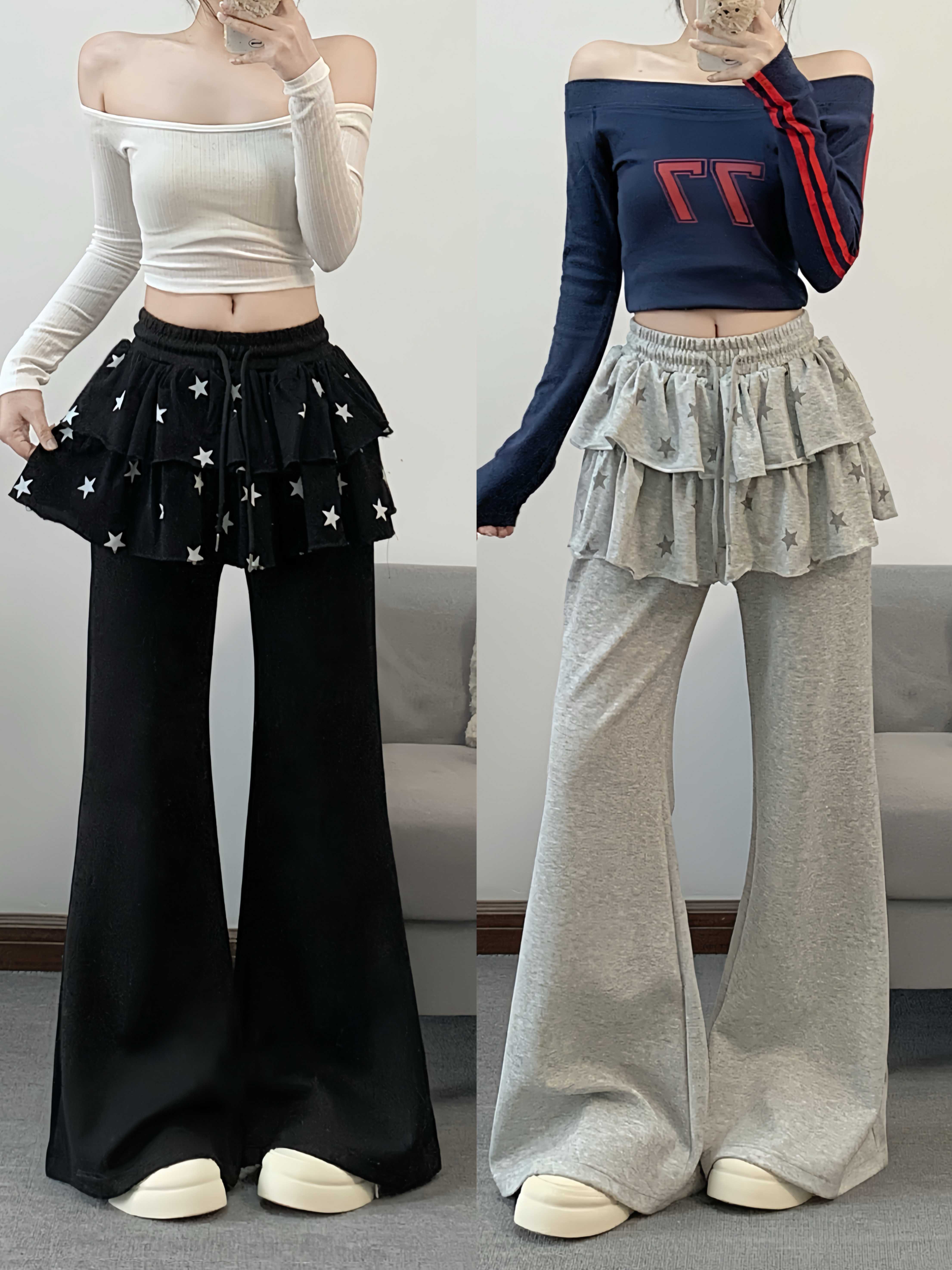 실사 아메리칸 레트로 별 페이크 레이어드 랩스커트팬츠 패치워크 캐주얼 웨이 바지 여성 봄 여름 시즌 하이웨이스트 슬림해 보이는 부츠컷 바지