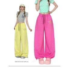 批发实拍美式复古波点满印阔腿卫裤女宽松休闲慵懒垂感直筒长裤