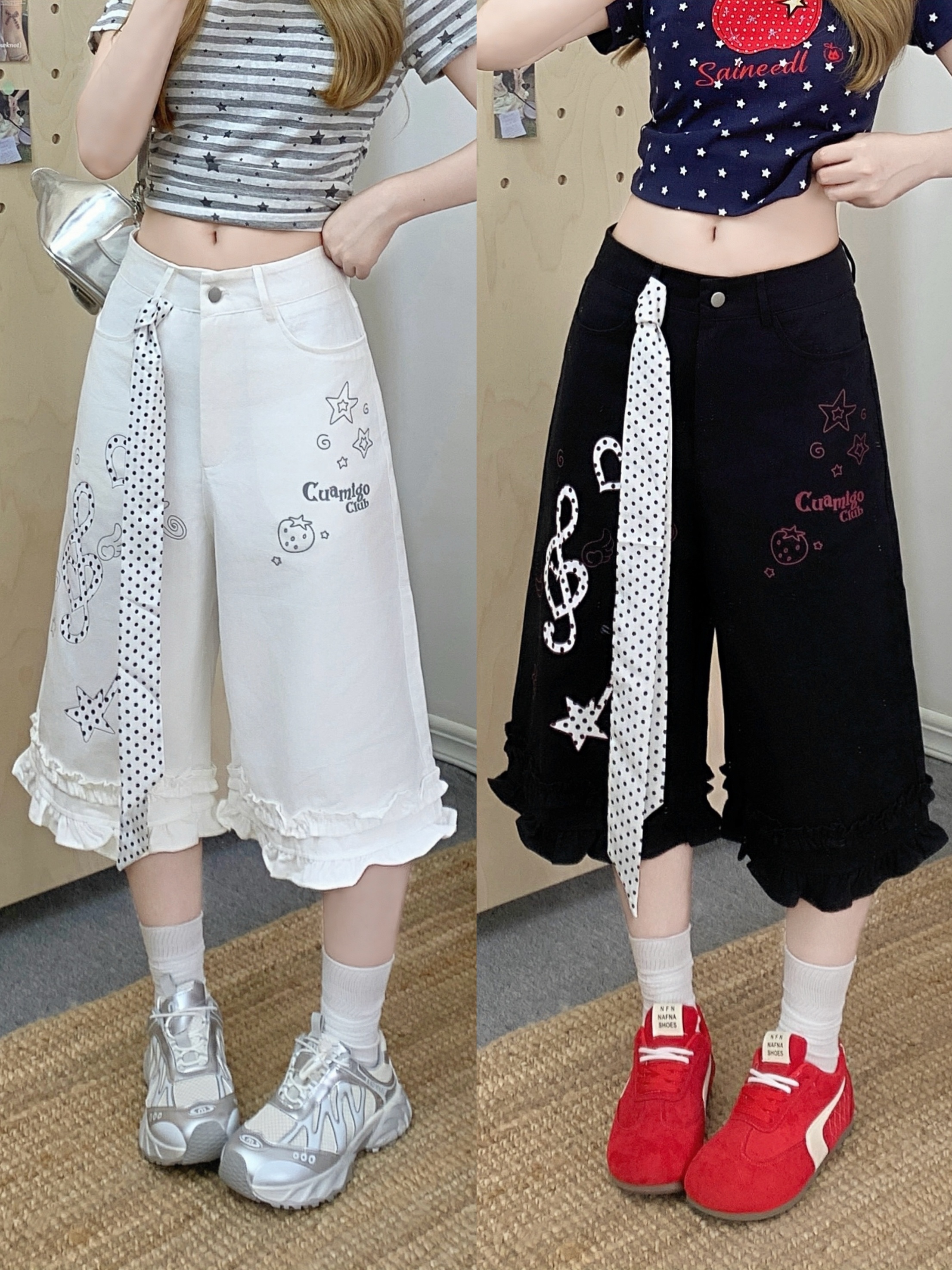 실사 프릴 이문화 캐주얼 청바지 여성 여름 새로운 7부 바지 바지