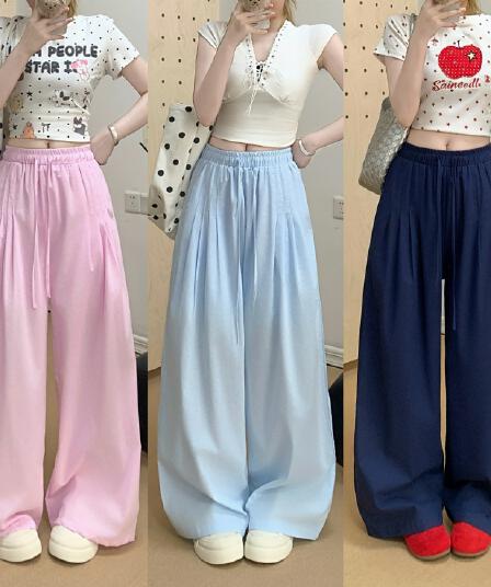 실사 여름 에어로빅 호흡 센스 익스트림 제인 면 린넨 전체 밴딩 핀치 Pleat 라미 바지 와이드 레그 팬츠 바지