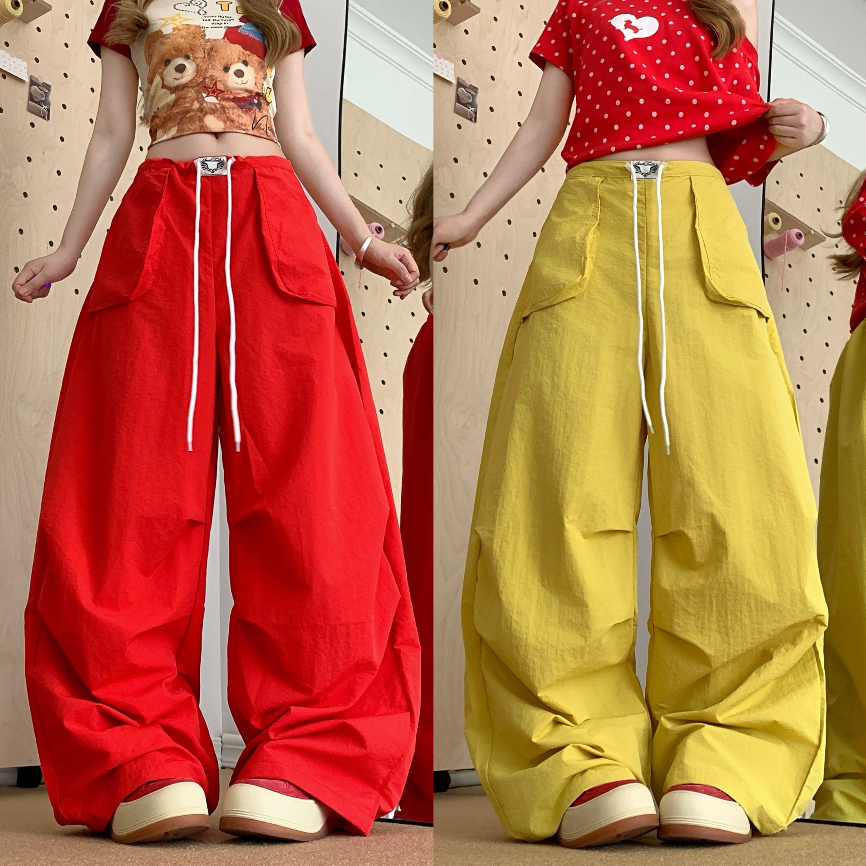 실사 아메리칸 레트로 낙하산 병 바지 여성 여름 새로운 주름 워크웨어 팬츠 루즈핏 펌프 로프 넓은 다리 캐주얼 바지
