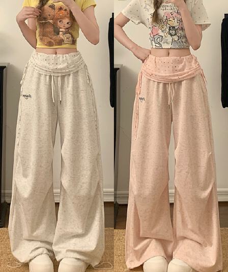 실사 아메리칸 패치워크 별 뒤집다 허리 운동 웨이 바지 여성 루즈핏 주름 재즈 댄스 넓은 다리 스트레이트 캐주얼 긴 바지