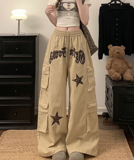 실사 아메리칸 레오파드 무늬 알파벳 자수 기타 주머니 스트레이트 워크웨어 팬츠 남녀 조수 브랜드 루즈핏 와이드 레그 팬츠