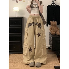 批发实拍美式豹纹字母刺绣多口袋直筒工装裤男女潮牌宽松阔腿裤