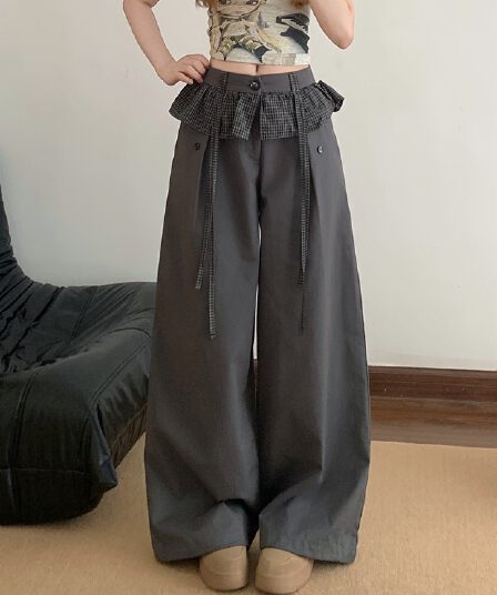 실사 레트로 아메리칸 체크무늬 프릴 밴딩 펌프 로프 캐주얼 바지 여성 여름 작은 대중 디자인 센스 긴 바지