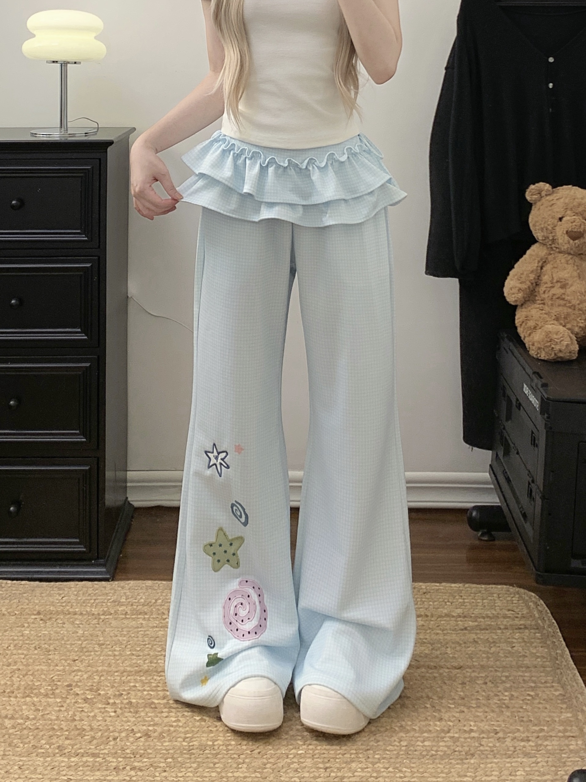 星星刺绣休闲裤女春秋新款屁帘微喇裤宽松显瘦假两件卫裤子 服裝批發女裝批發服飾貨源