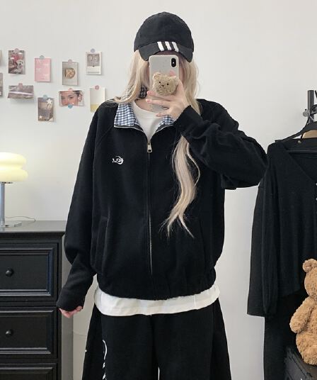 실사 아메리칸 체크무늬 POLO 칼라 배색 오픈 가디건 재킷 2026 새로운 커플 야구 유니폼 루즈핏 여성 코트