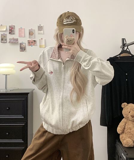실사 아메리칸 체크무늬 POLO 칼라 배색 오픈 가디건 재킷 2026 새로운 커플 야구 유니폼 루즈핏 여성 코트