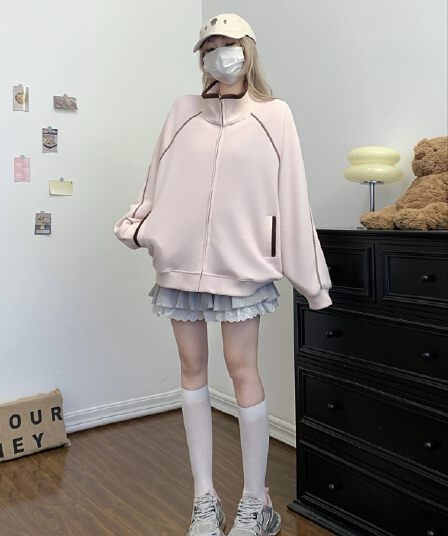 실사 아메리칸 레트로 핫셀블라드 선 오픈 가디건 여성 코트 가을 새로운 운동 루즈핏 스탠드 칼라 후드티 맨위 트렌디