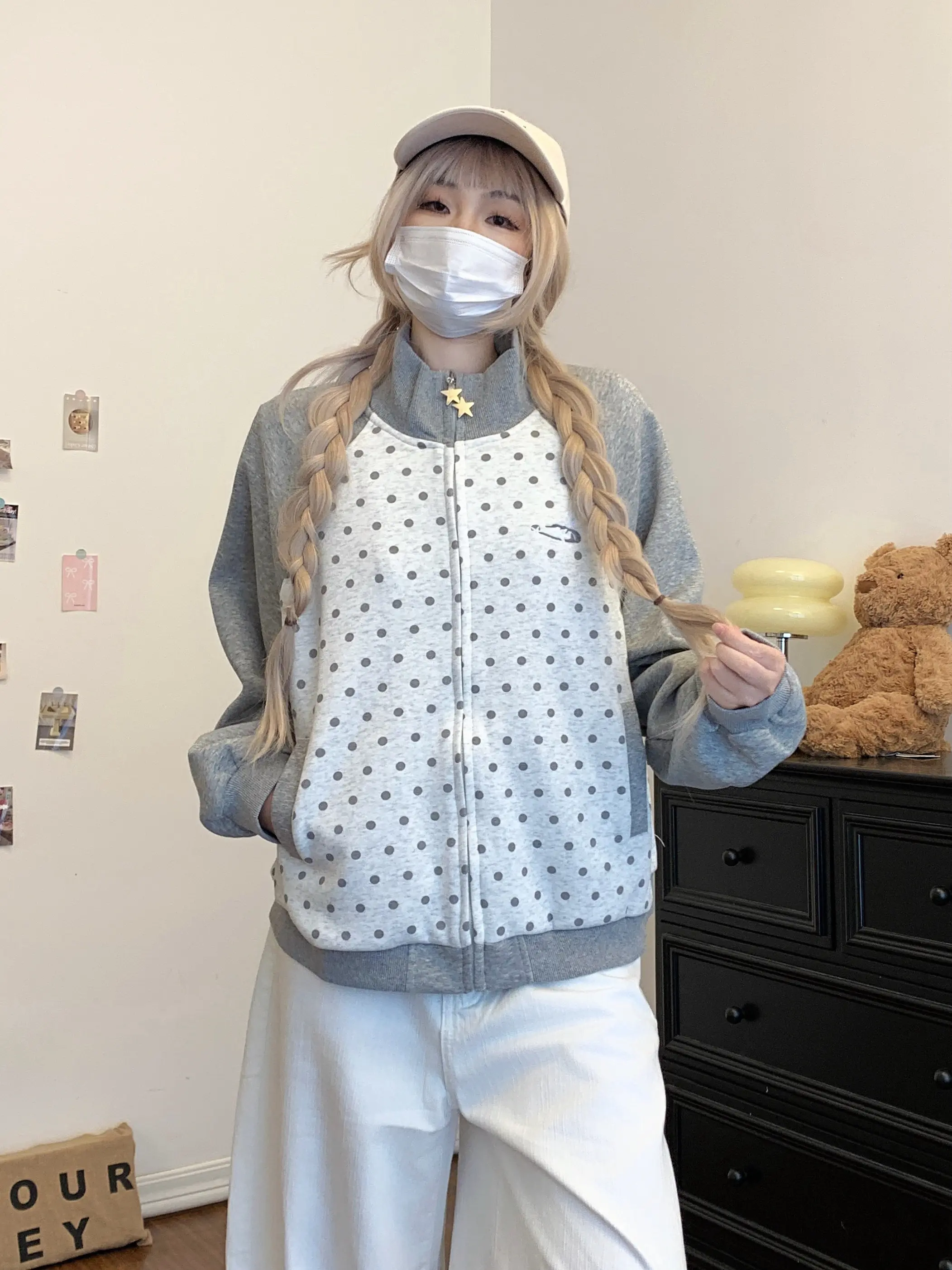 도트 패턴 스탠드 칼라 가디건 상세 이미지 11